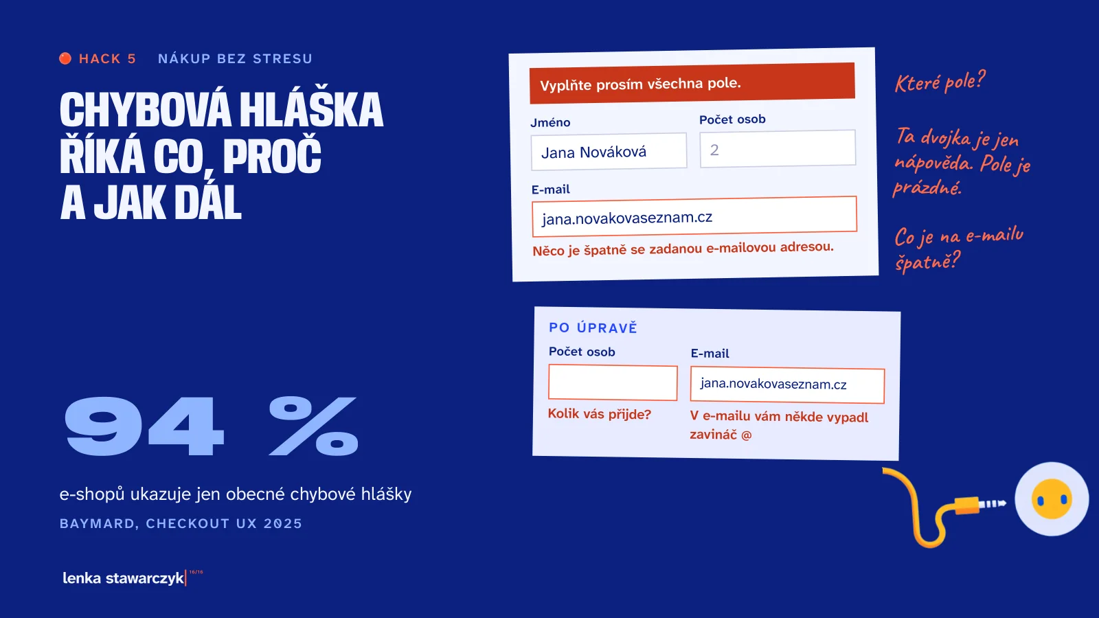 Slide: Hack 5, Chybová hláška říká co, proč a jak dál. Formulář s obecnou hláškou Vyplňte prosím všechna pole a verze po úpravě s hláškami u polí.