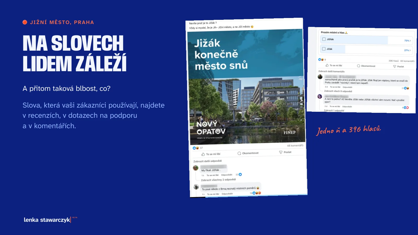 Slide: Na slovech lidem záleží. Reklama Jižák konečně město snů a anketa sousedů Prosím místní o hlas: Jižňák 73 procent, Jižák 27 procent, 396 hlasů.