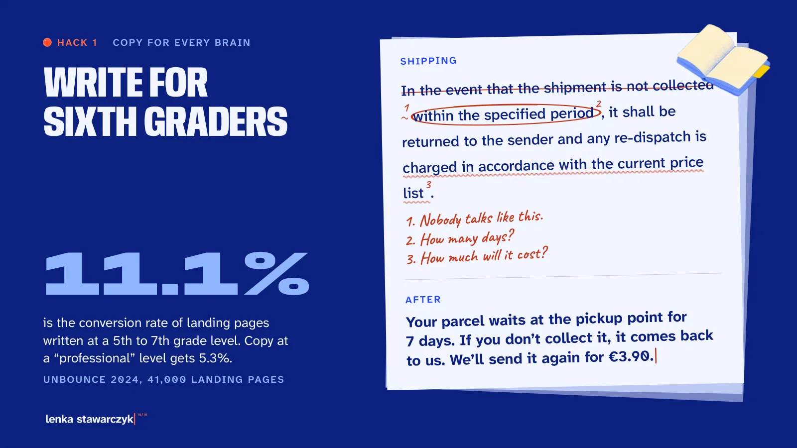 Slide: Hack 1, Write for sixth graders. A proofread sentence about an uncollected shipment and the version after.