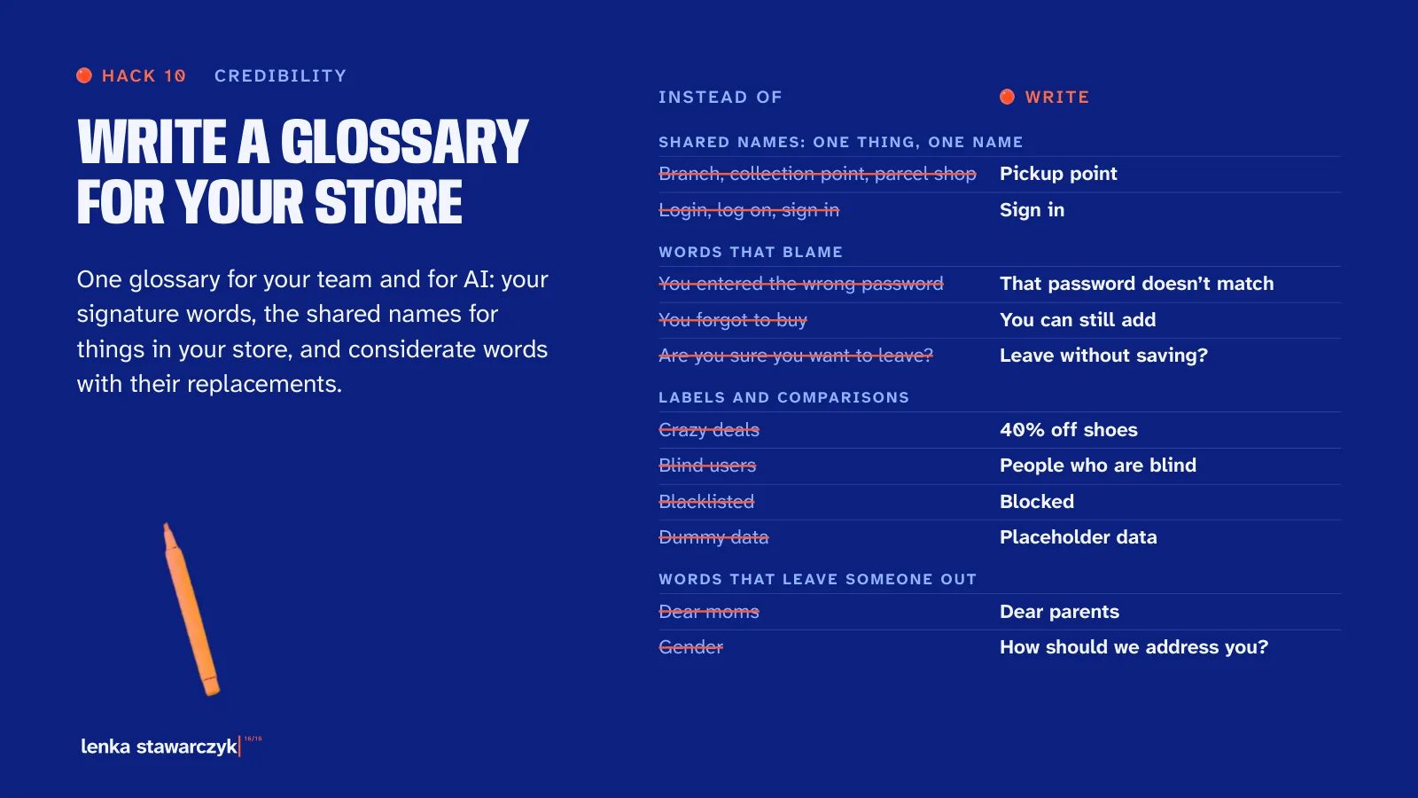 Slide: Hack 10, Write a glossary for your store. A table with columns Instead of and Write: shared names, words that blame, labels and comparisons, and words that leave someone out.
