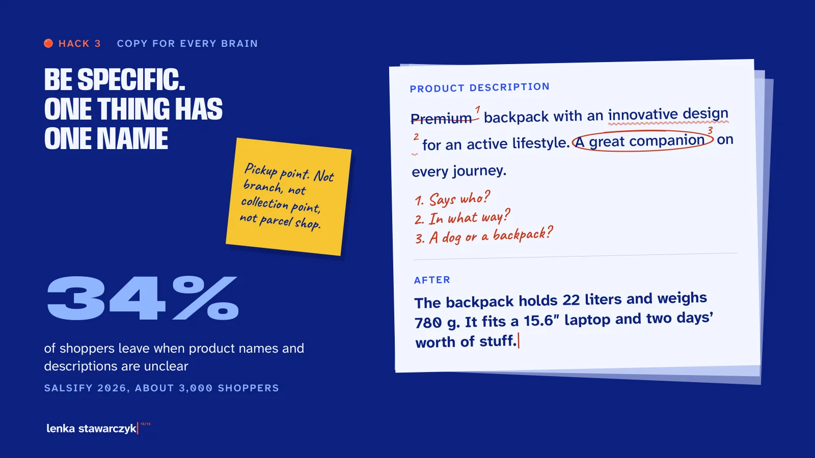 Slide: Hack 3, Be specific, one thing has one name. A proofread backpack description and a sticky note saying Pickup point, not branch, not collection point, not parcel shop.