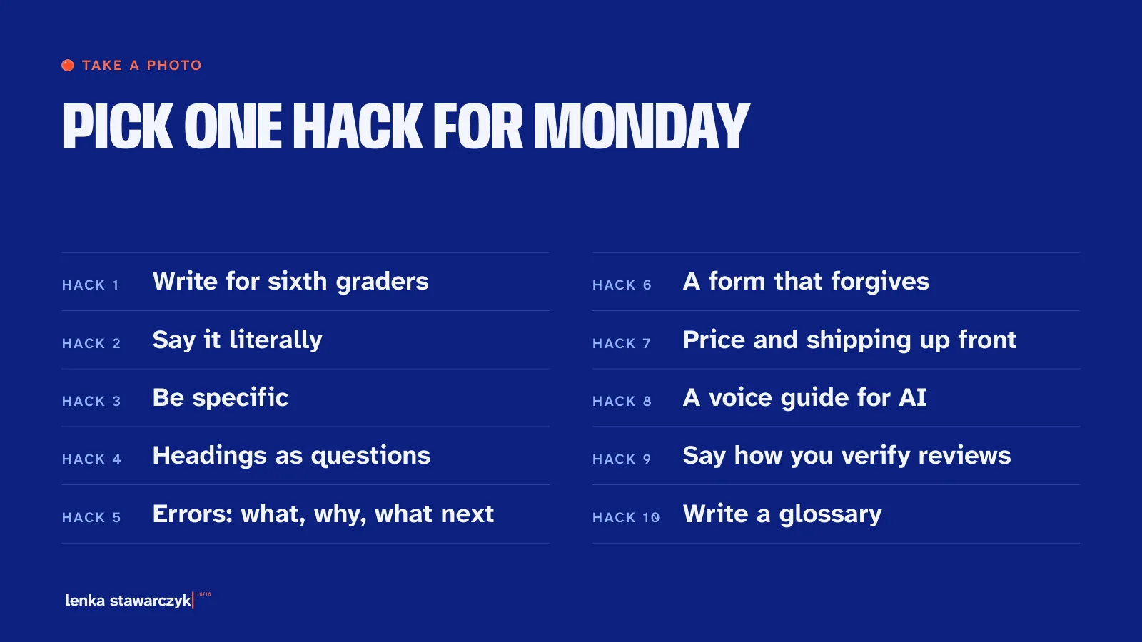 Slide: Pick one hack for Monday, a list of the ten hacks.