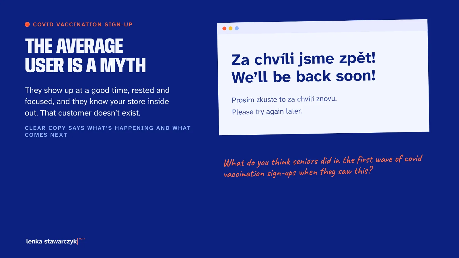 Slide: The average user is a myth. An error page saying We’ll be back soon, please try again later, in Czech and English.